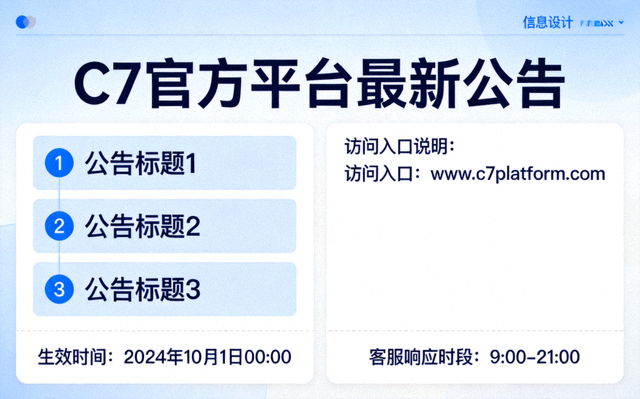 C7官方平台资讯配图：最新公告列表与访问入口说明页面，包含生效时间与客服响应时段