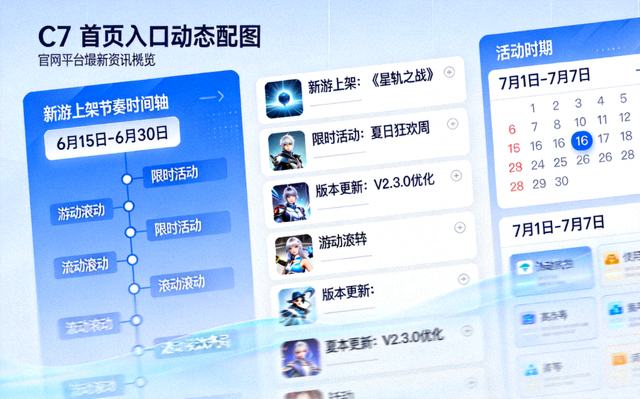 C7首页入口动态配图：官网平台最新资讯速览列表，展示新游上架节奏与活动排期信息