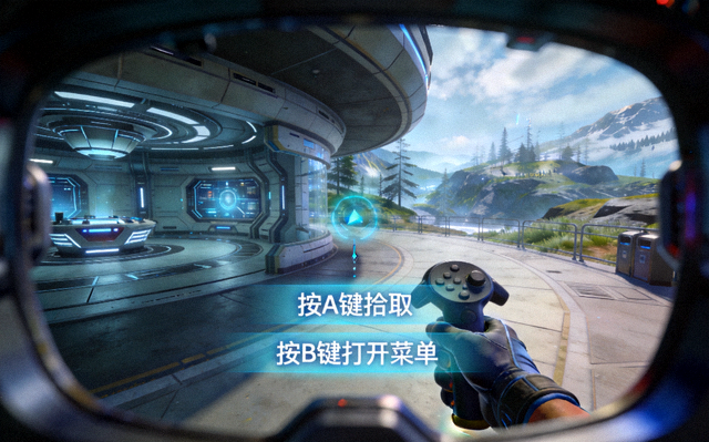 c7游戏开发VR项目实机画面截图，展示第一人称视角下的沉浸式场景与交互提示