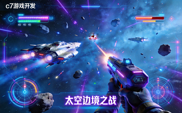 c7游戏开发PC端科幻题材项目截图，展示太空场景与角色战斗界面