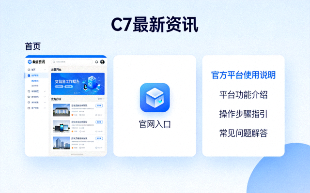 C7最新资讯页面展示：C7首页、官网入口及官方平台使用说明的蓝色主题信息图